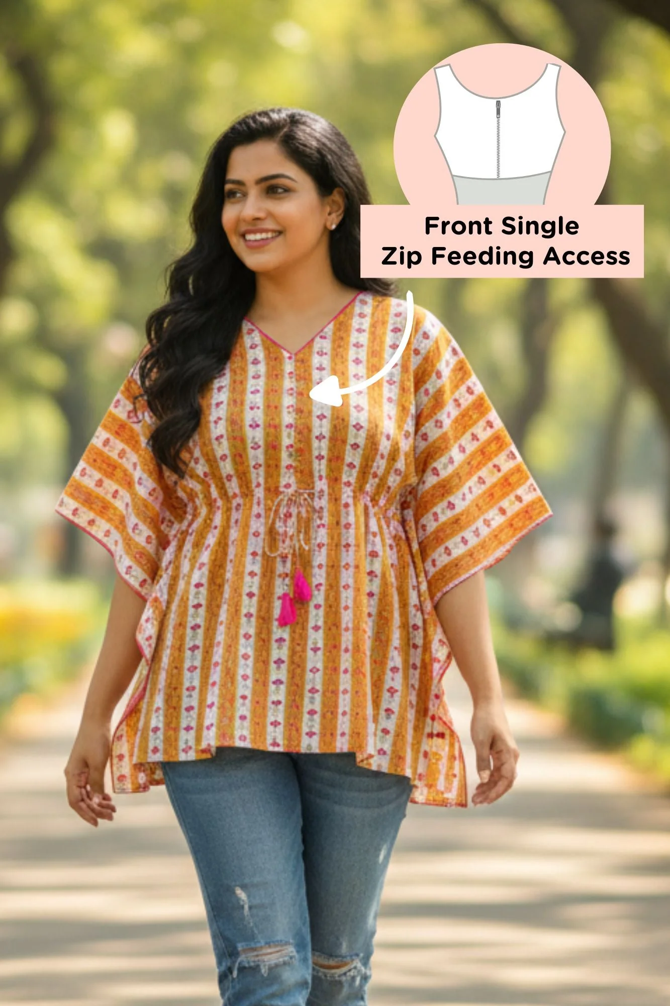 Orange Striped Maternity & Nursing Kaftan Top (100% Cotton) - Chenance