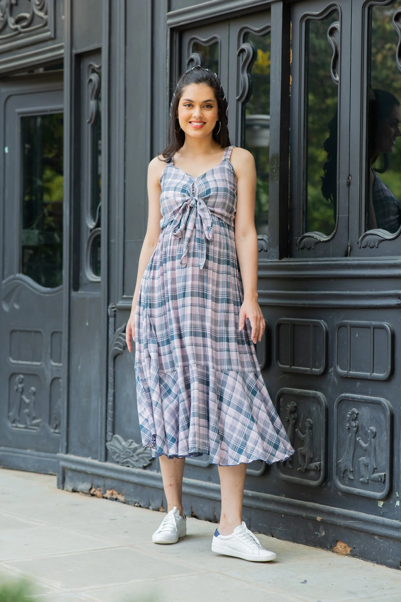 Arctic Plaid Dual Bow Maternity Dress - Chenance