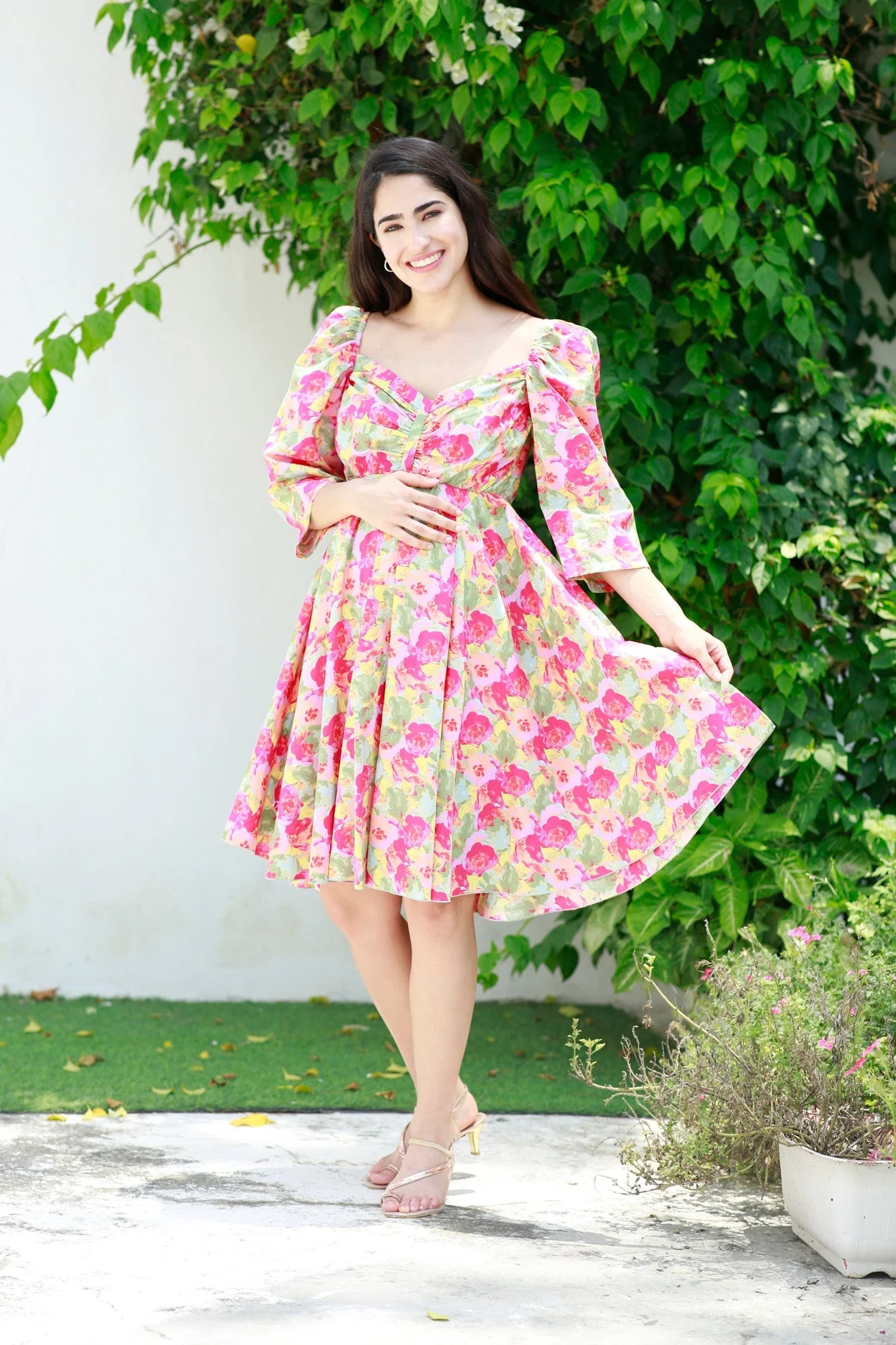 Victoria Flamingo Rosy Pink Maternity Knee Dress (100% Cotton) - Chenance