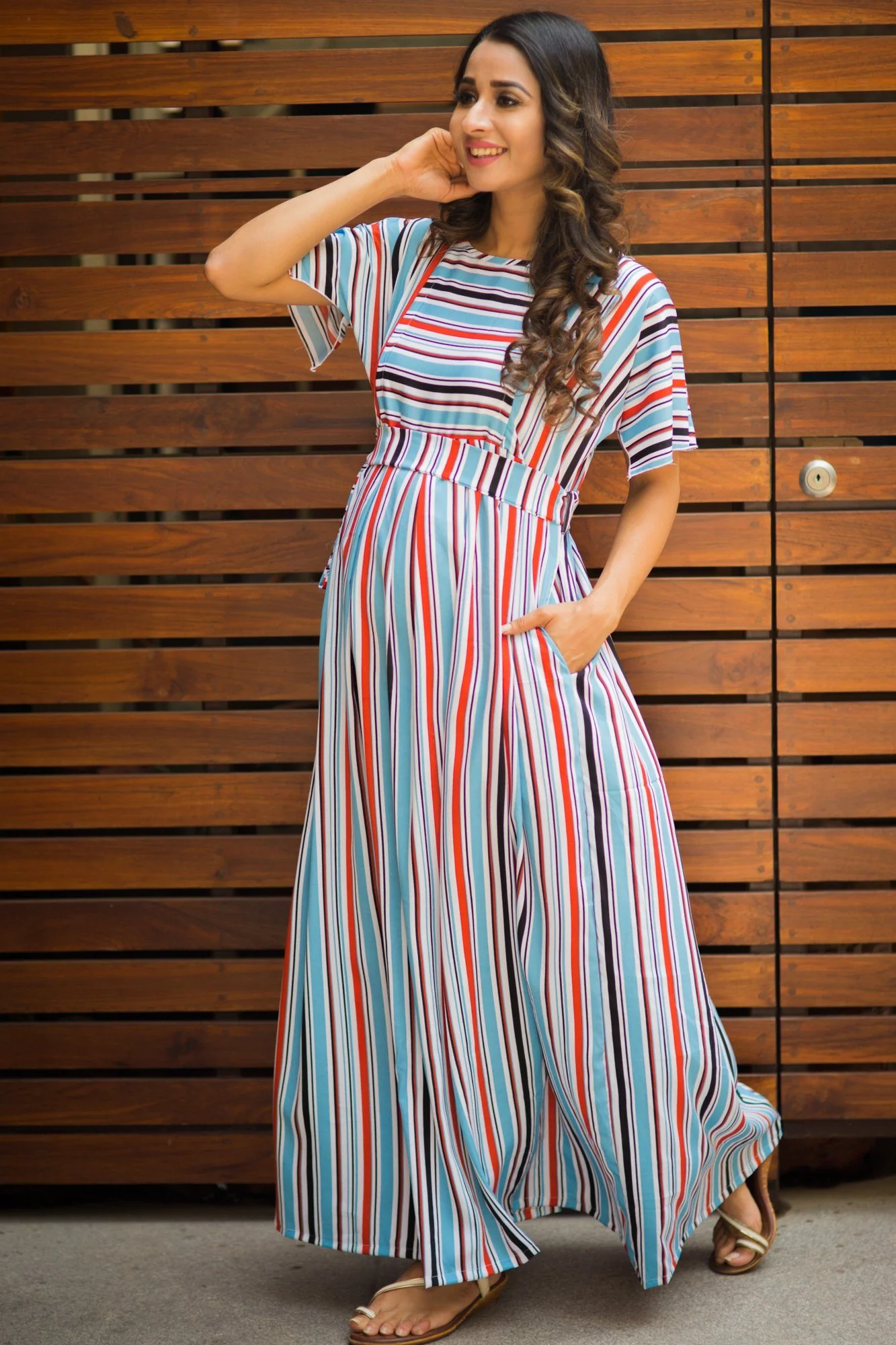 Multicolor Striped Nursing Crepe Dress - Chenance