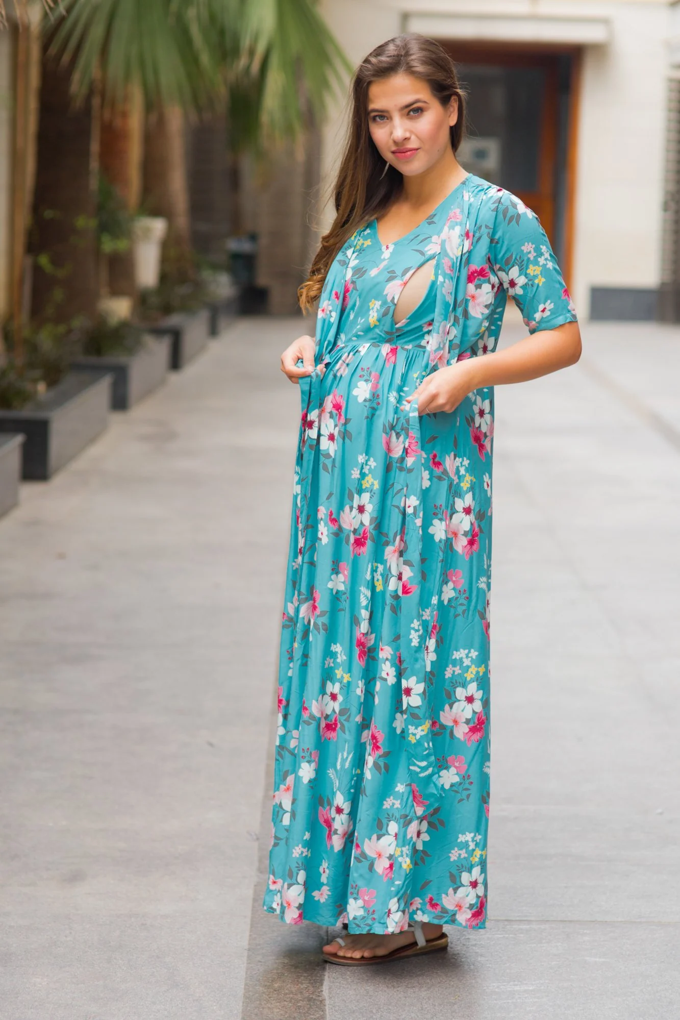Baby Blue Floral Maternity & Nursing Wrap Dress - Chenance