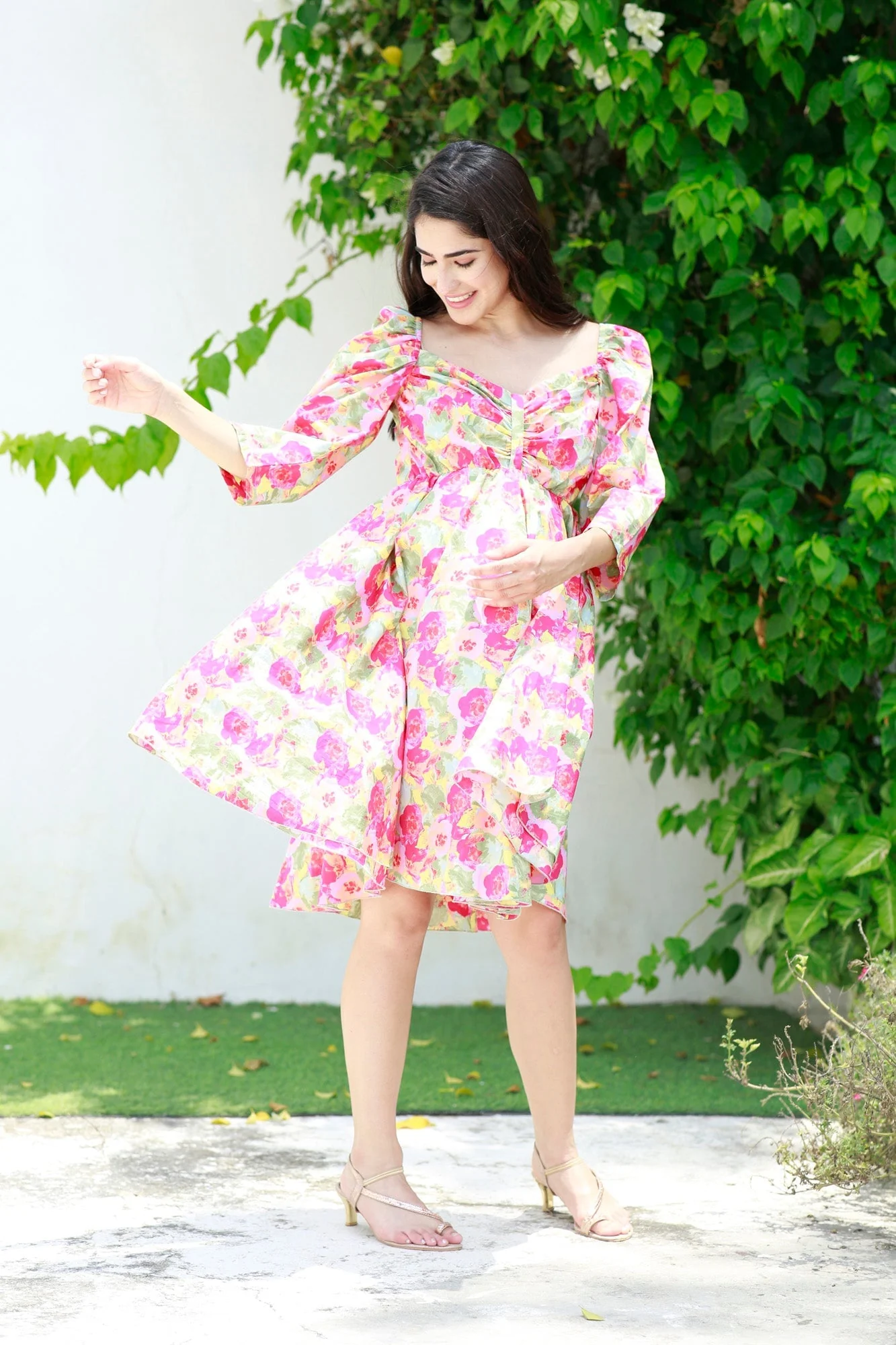 Victoria Flamingo Rosy Pink Maternity Knee Dress (100% Cotton) - Chenance