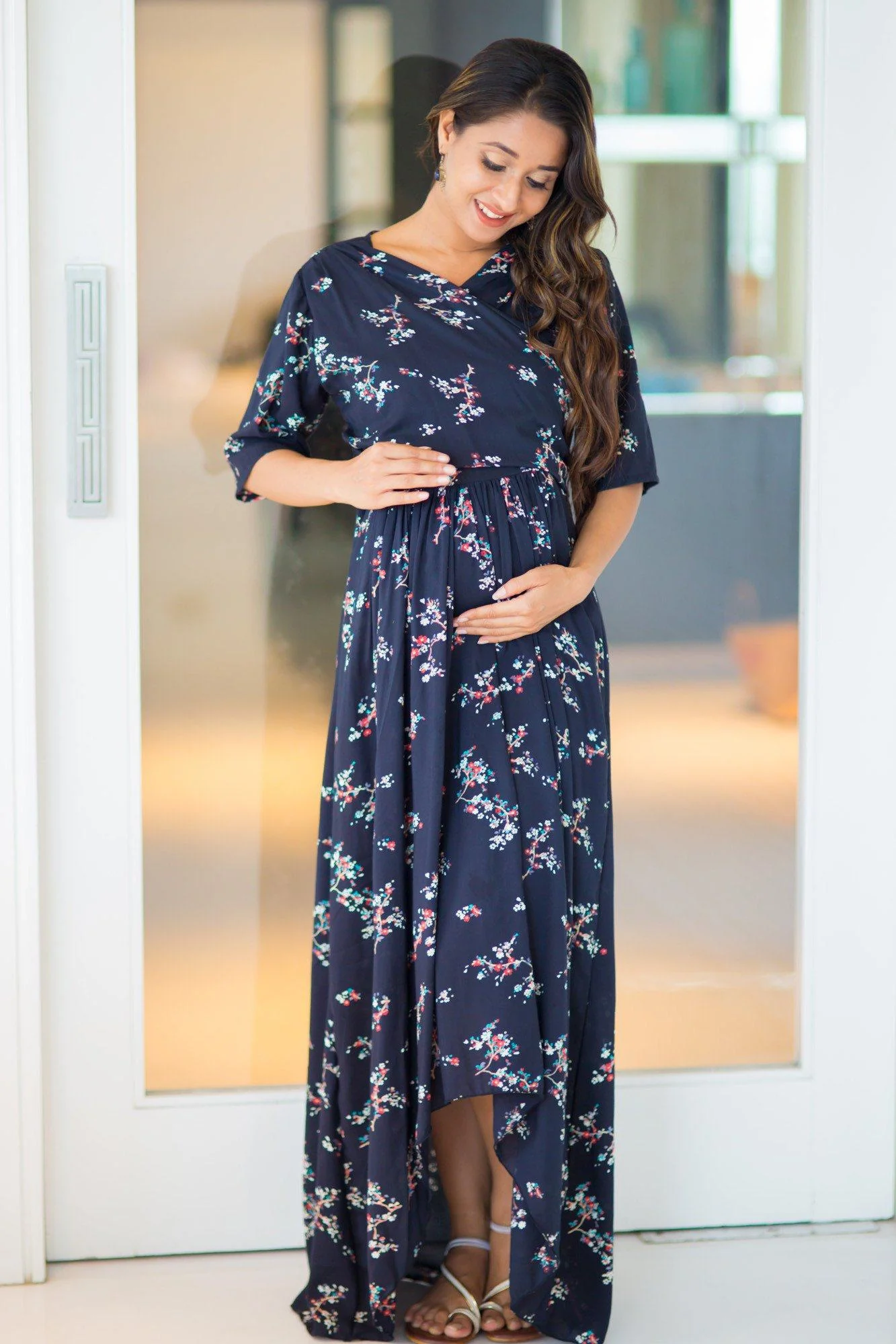 Twilight Floral Hi-Low Maternity & Nursing Wrap Dress - Chenance