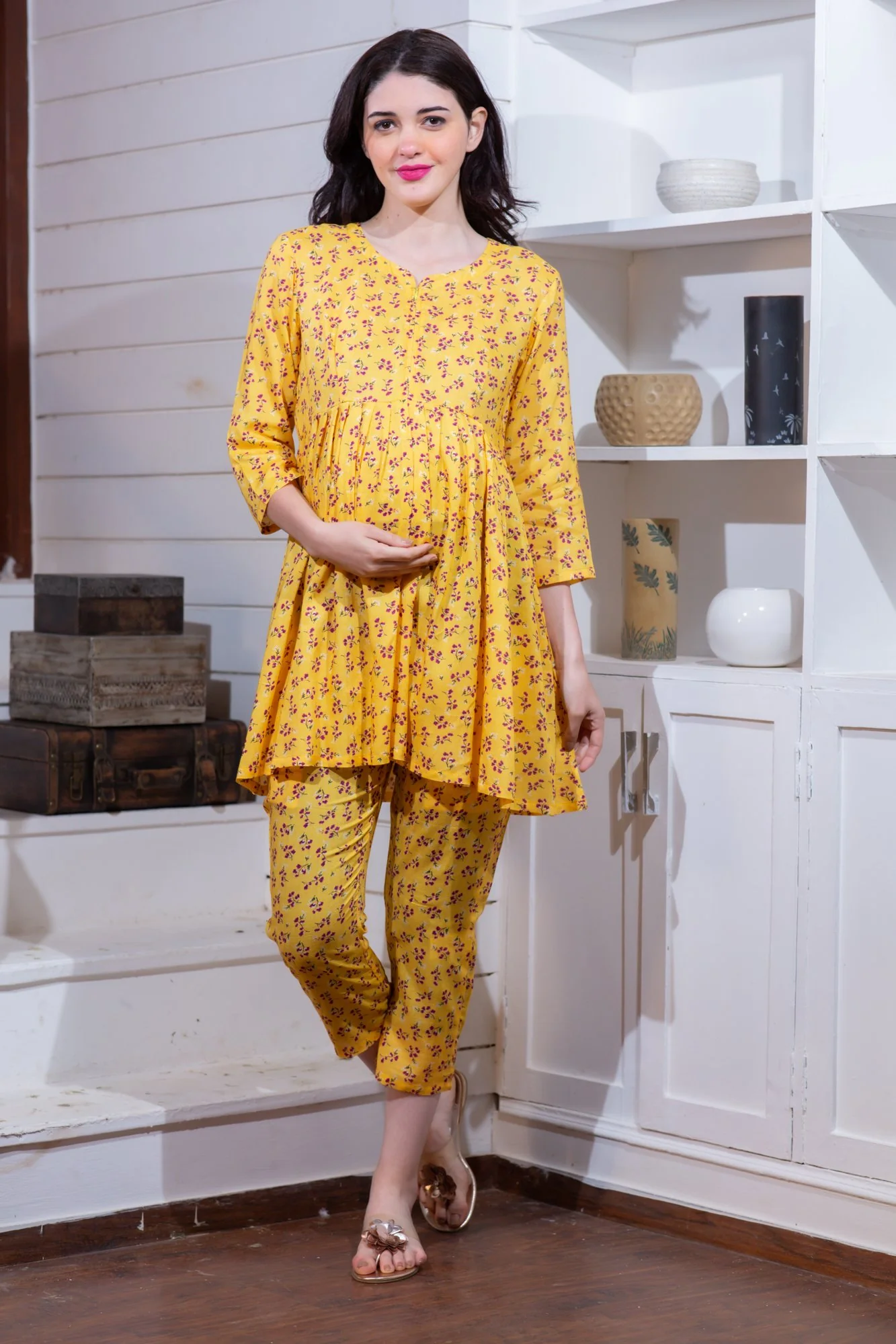 Angelic Yellow Maternity & Nursing Night Suit Set - Chenance