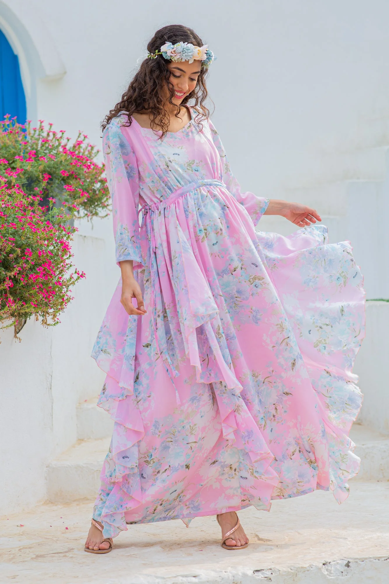 Floral Baby Pink Chiffon Maternity & Nursing Flow Dress - Chenance