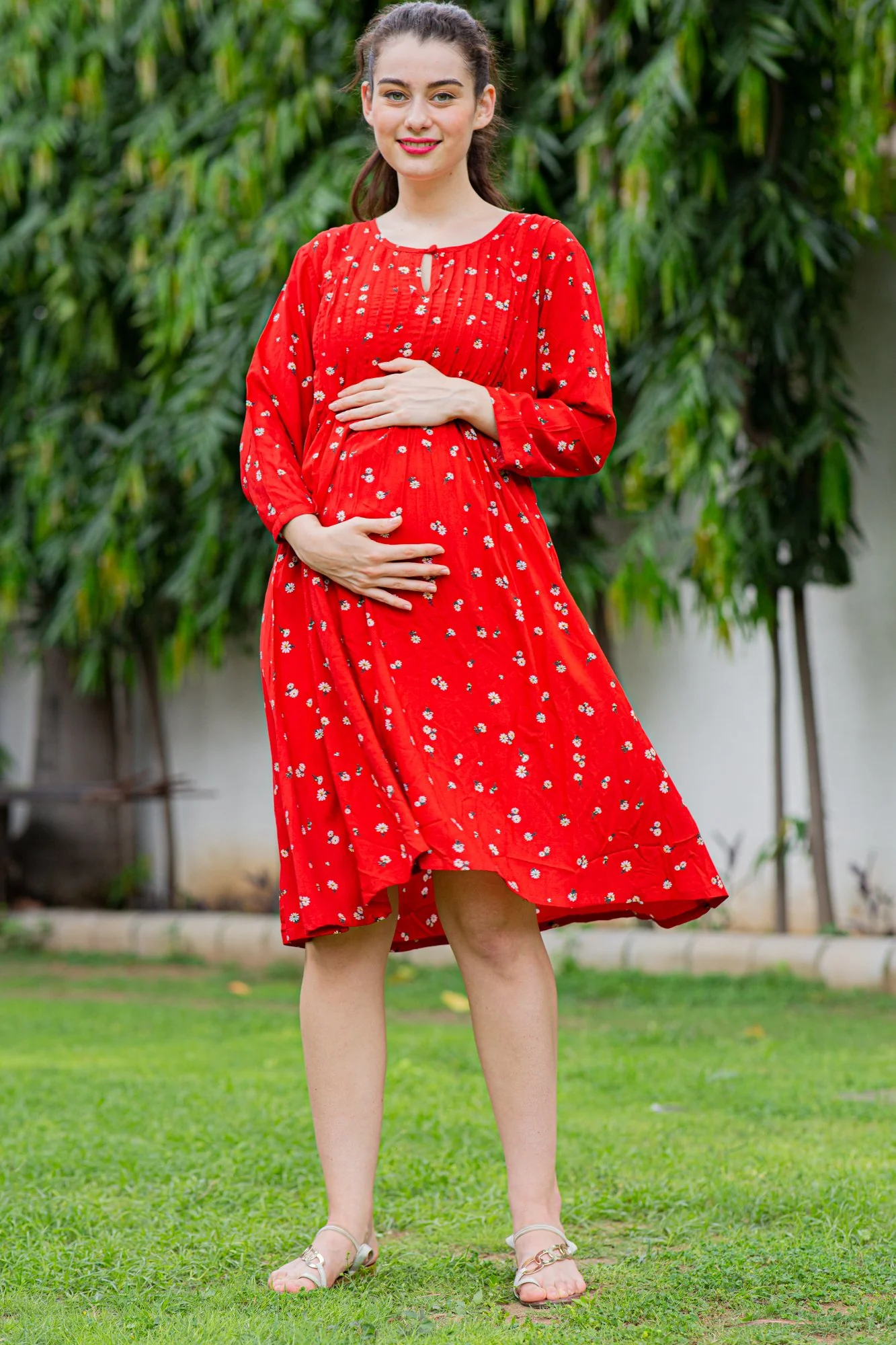 Crimson Red Maternity & Nursing Pintucks Dress - Chenance