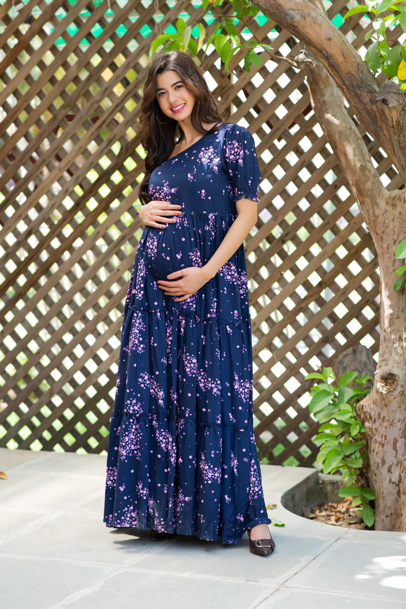 Twilight Floral Maternity & Nursing One-Shoulder Viscose Dress - Chenance