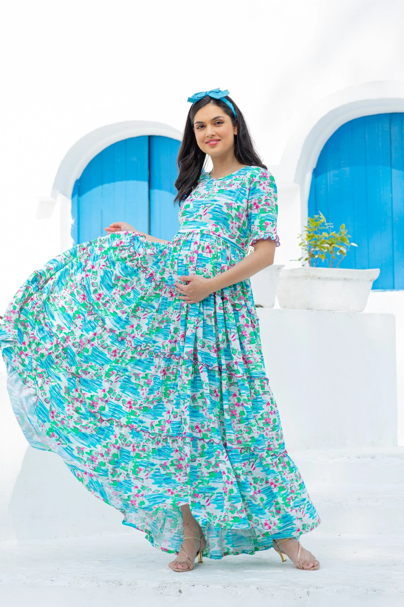 Arctic Blue Hawaii Frill Maternity & Nursing Dress - Chenance