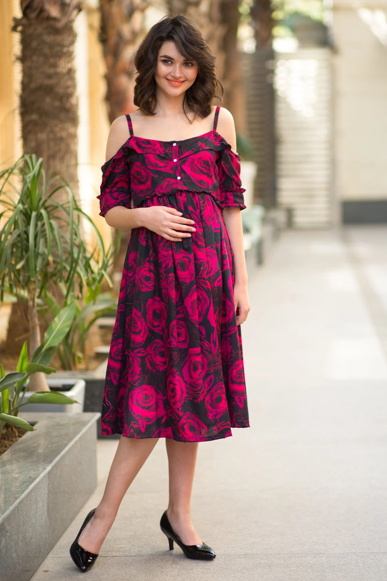 Red Jade Bloom Front Zip Maternity & Nursing Maxi Dress - Chenance