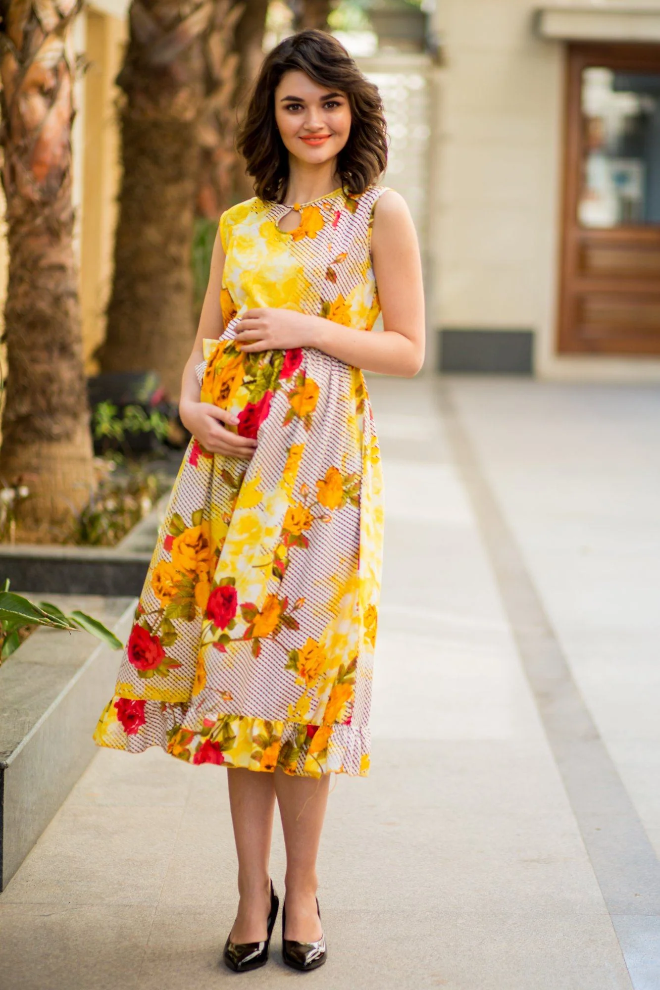 Sunny Floral Frill Concealed Zips Maternity & Nursing Dress - Chenance