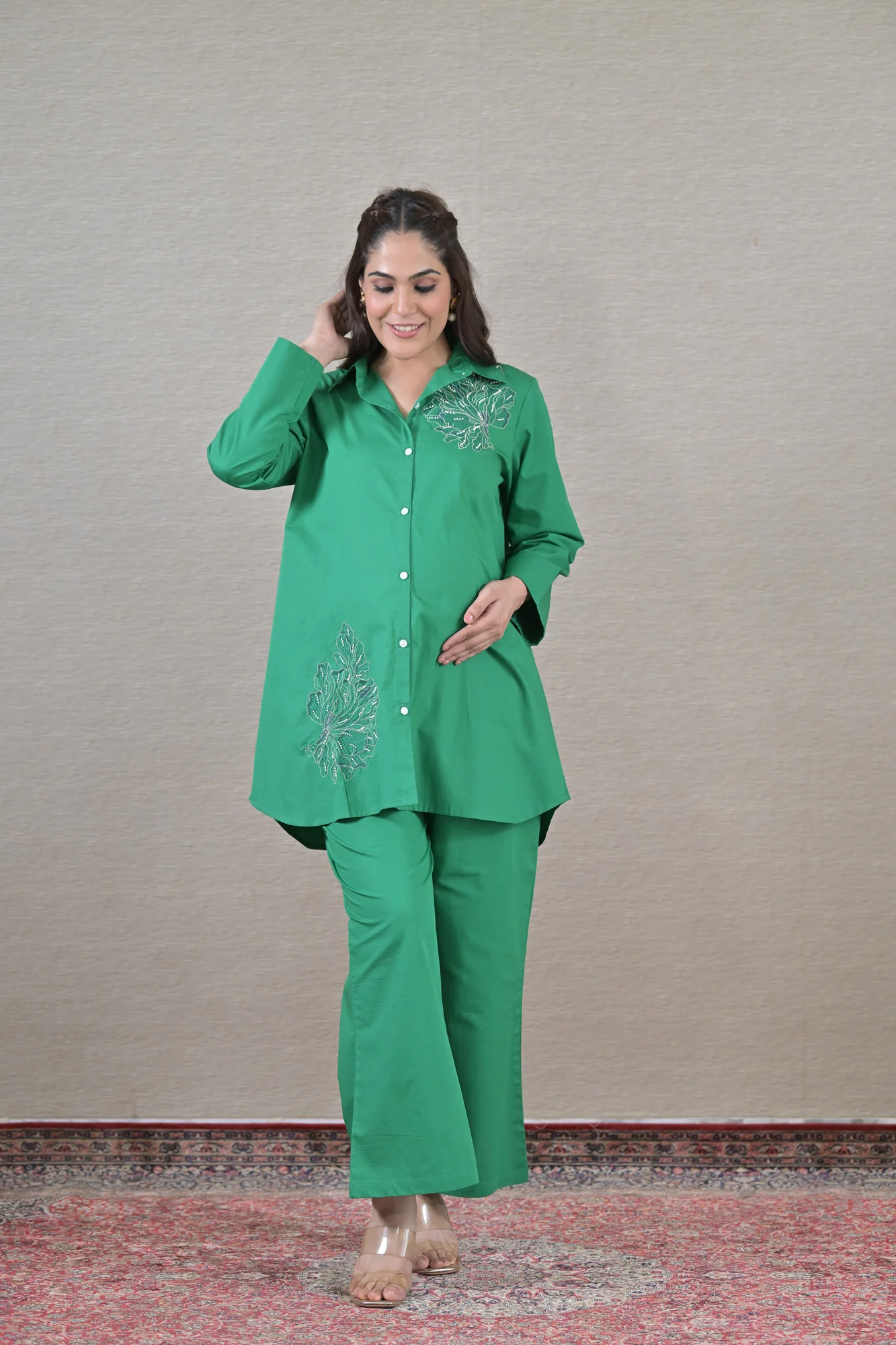 Appliqu  d Forest Maternity & Nursing Shirt Coord Set (2 pc) (100% Cotton) - Chenance