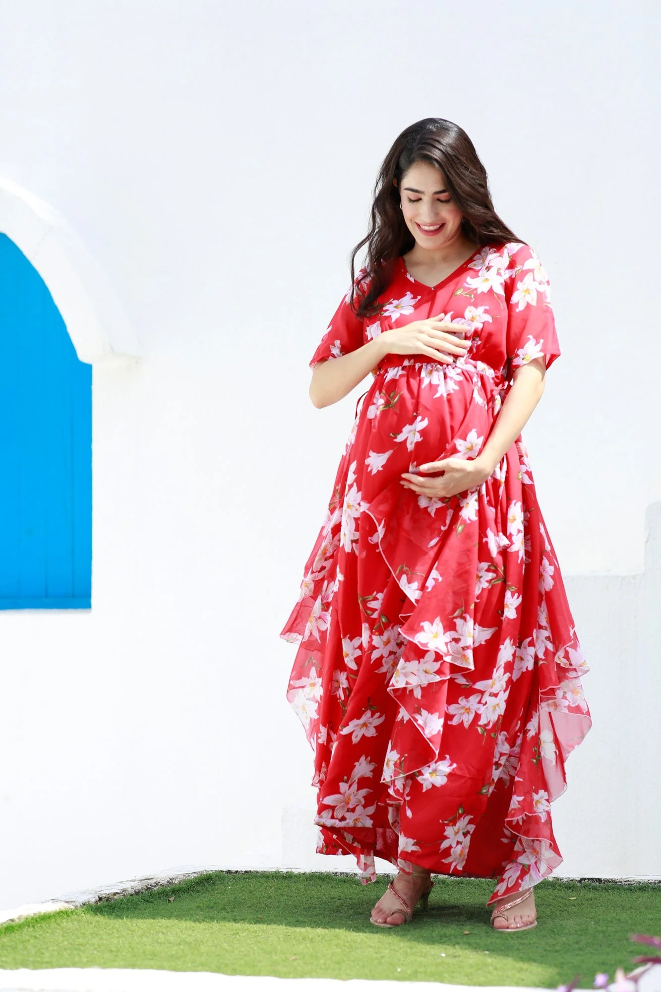 Crimson Red Blossom Maternity Flow Dress - Chenance