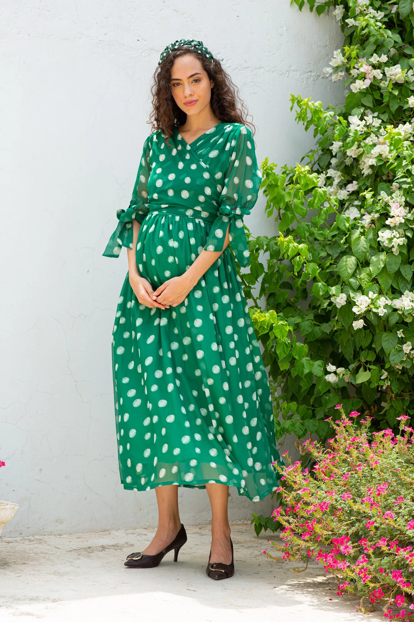 Emerald Dancing Polka Maternity & Nursing Midi Wrap Dress - Chenance