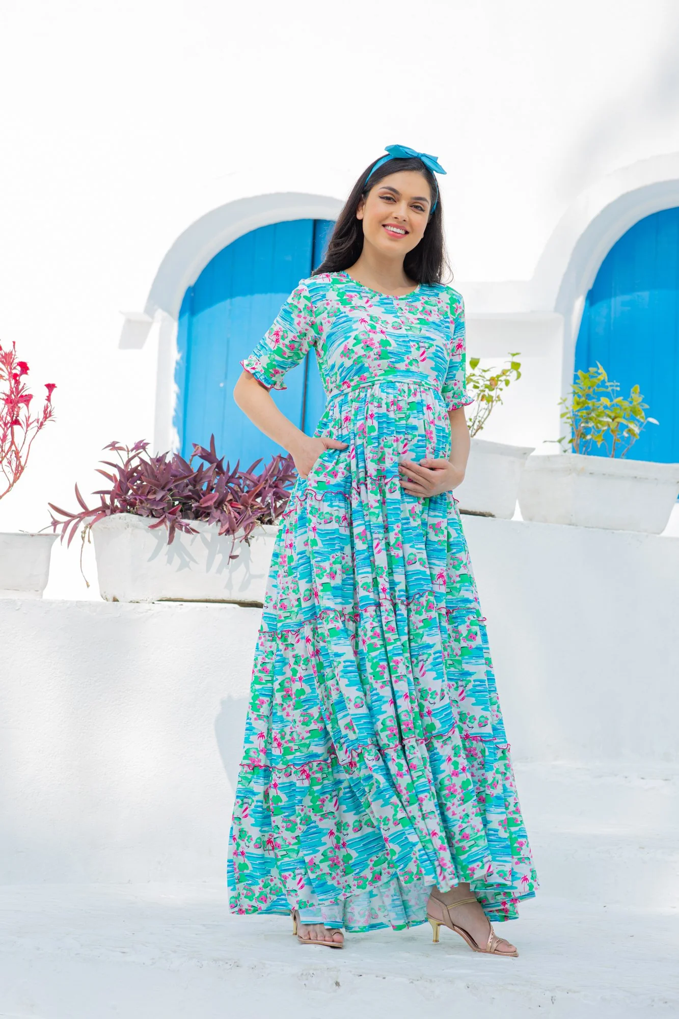 Arctic Blue Hawaii Frill Maternity & Nursing Dress - Chenance