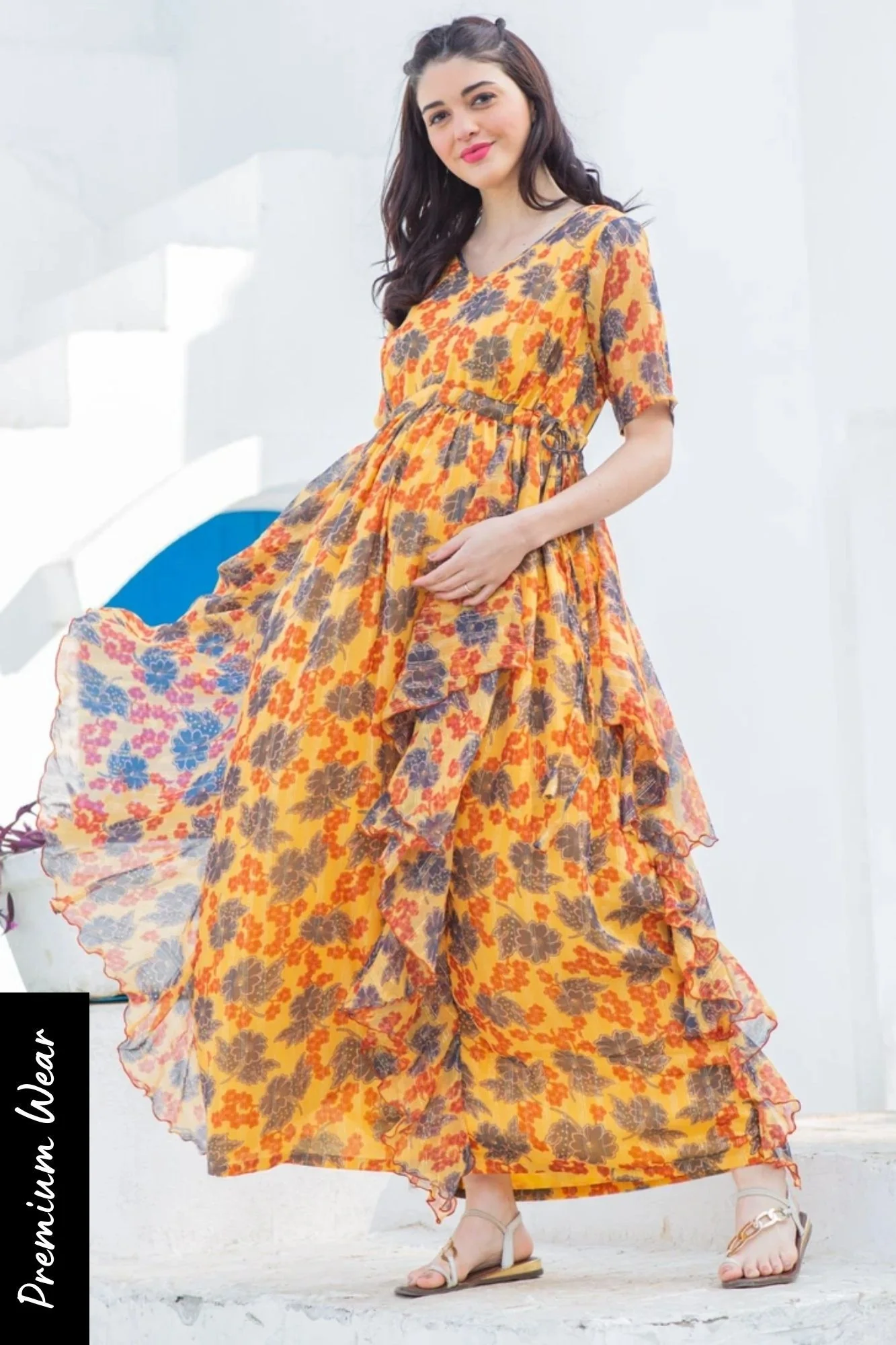 Vibrant Yellow Floral Maternity Flow Dress - Chenance