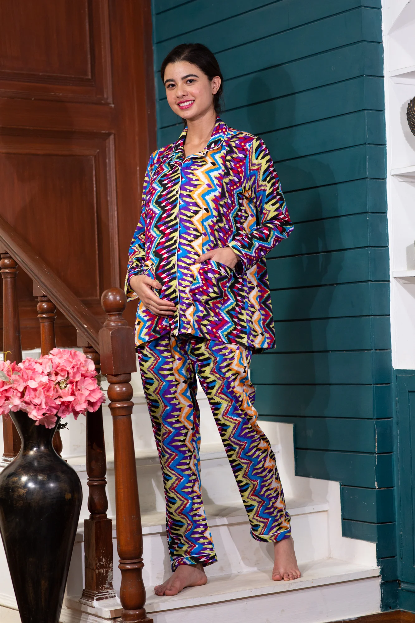 Chevron Vibrant Maternity & Nursing Lounge Coord Set (2Pc) - Chenance