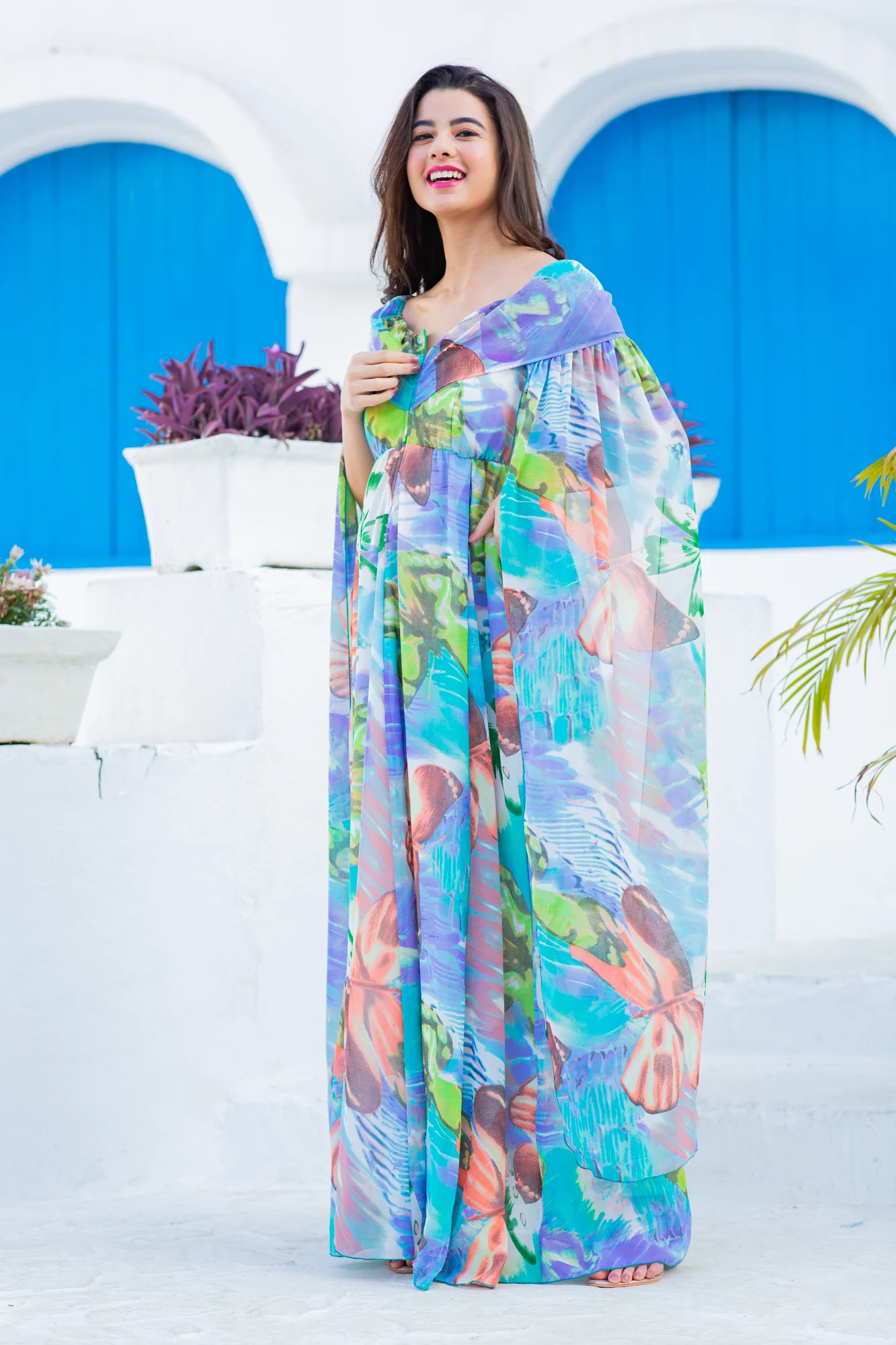 Aquamarine Blue Butterflying Sleeves Maternity & Nursing Dress - Chenance