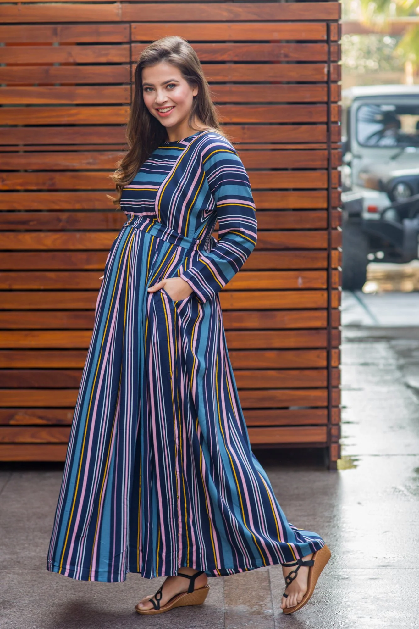 Azure & Peach Soft Viscose Maternity & Nursing Maxi Dress - Chenance