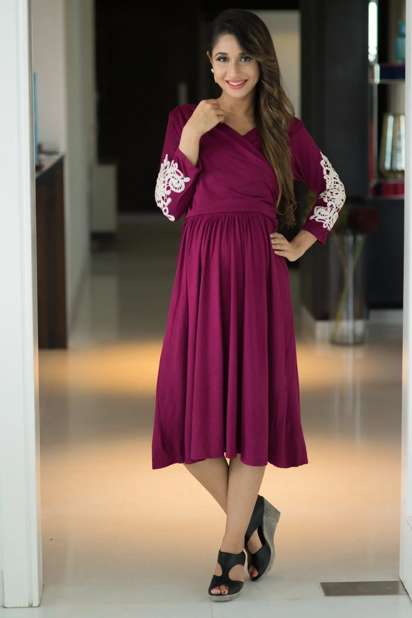 Crochet Berry Wrap Tie Maternity & Nursing Dress - Chenance