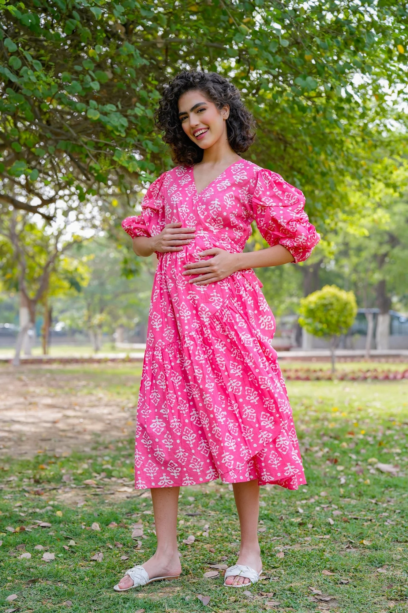 Winsome Baby Pink Maternity & Nursing Frill Wrap Dress (100% Cotton) - Chenance