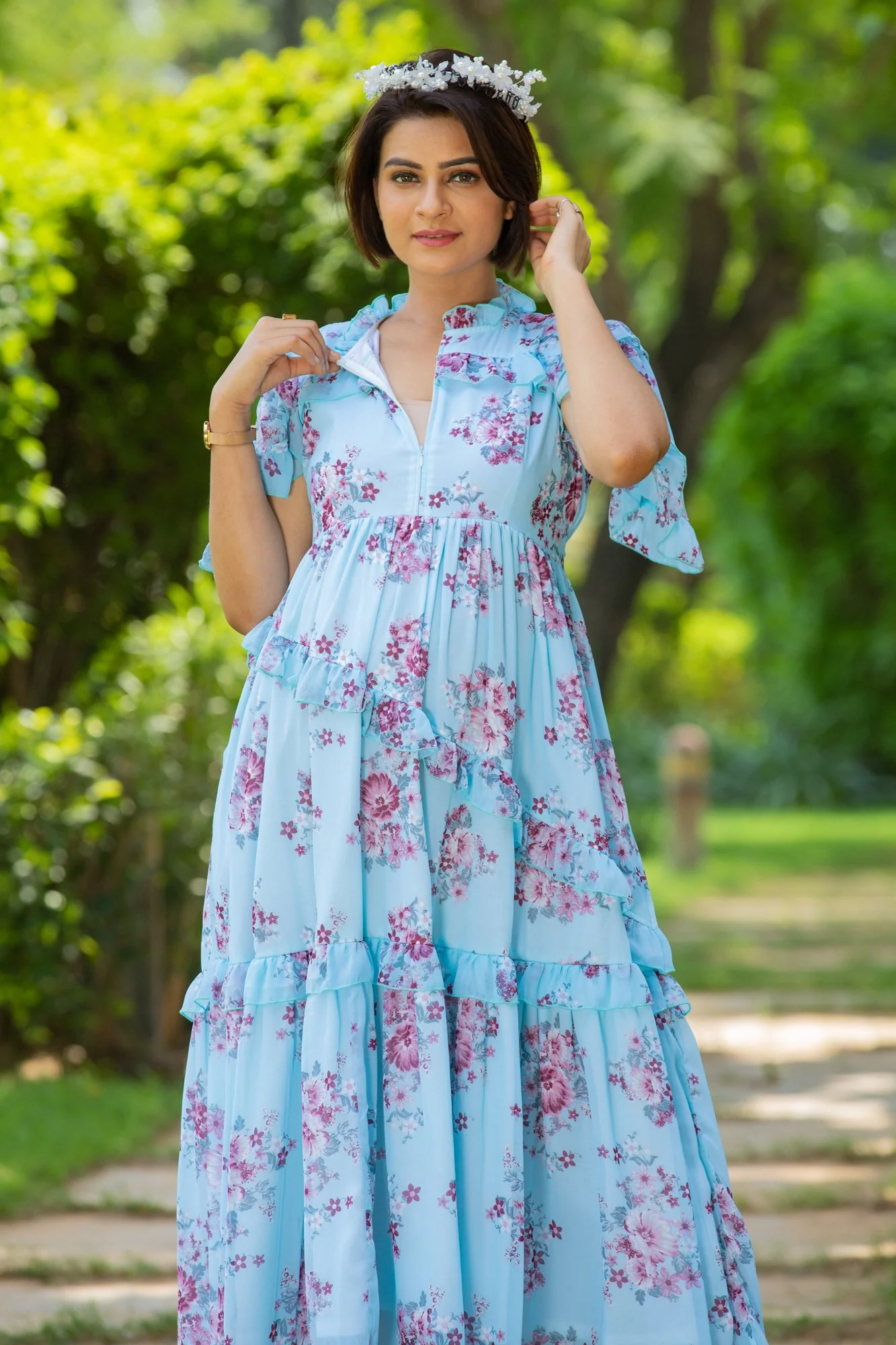 Baby Blue Mist Maternity & Nursing Frill Dress - Chenance