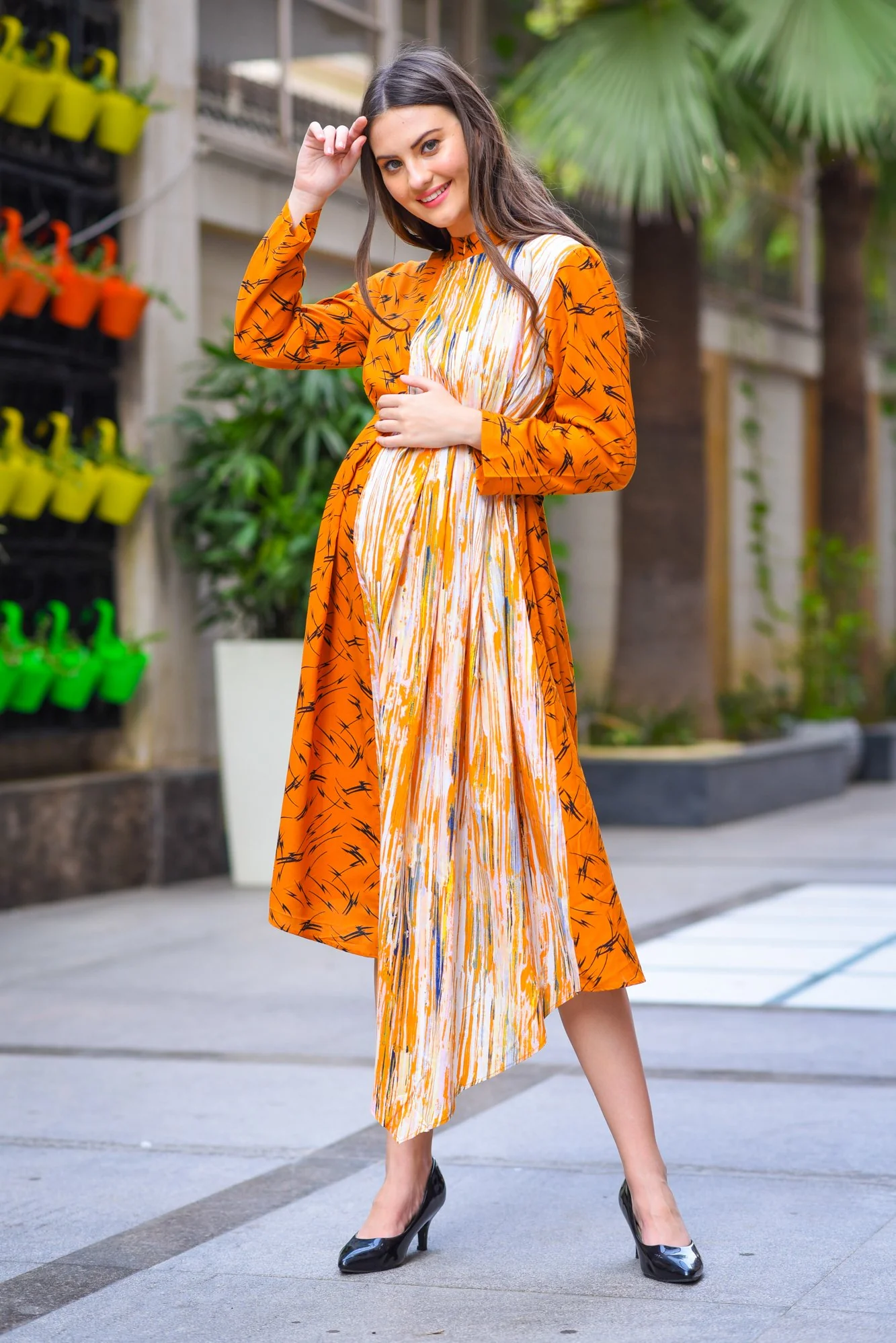 Asymmetrical Flash High Neck Maternity & Nursing Dress - Chenance