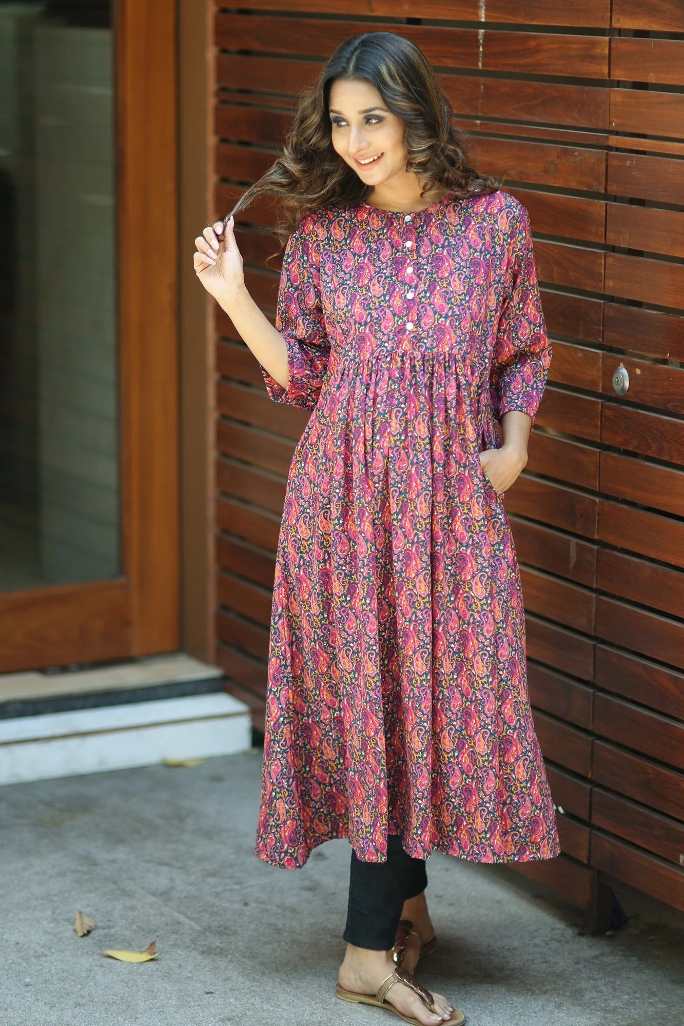 Vibrant Pink Soft Crepe Long Maternity & Feeding Kurta - Chenance