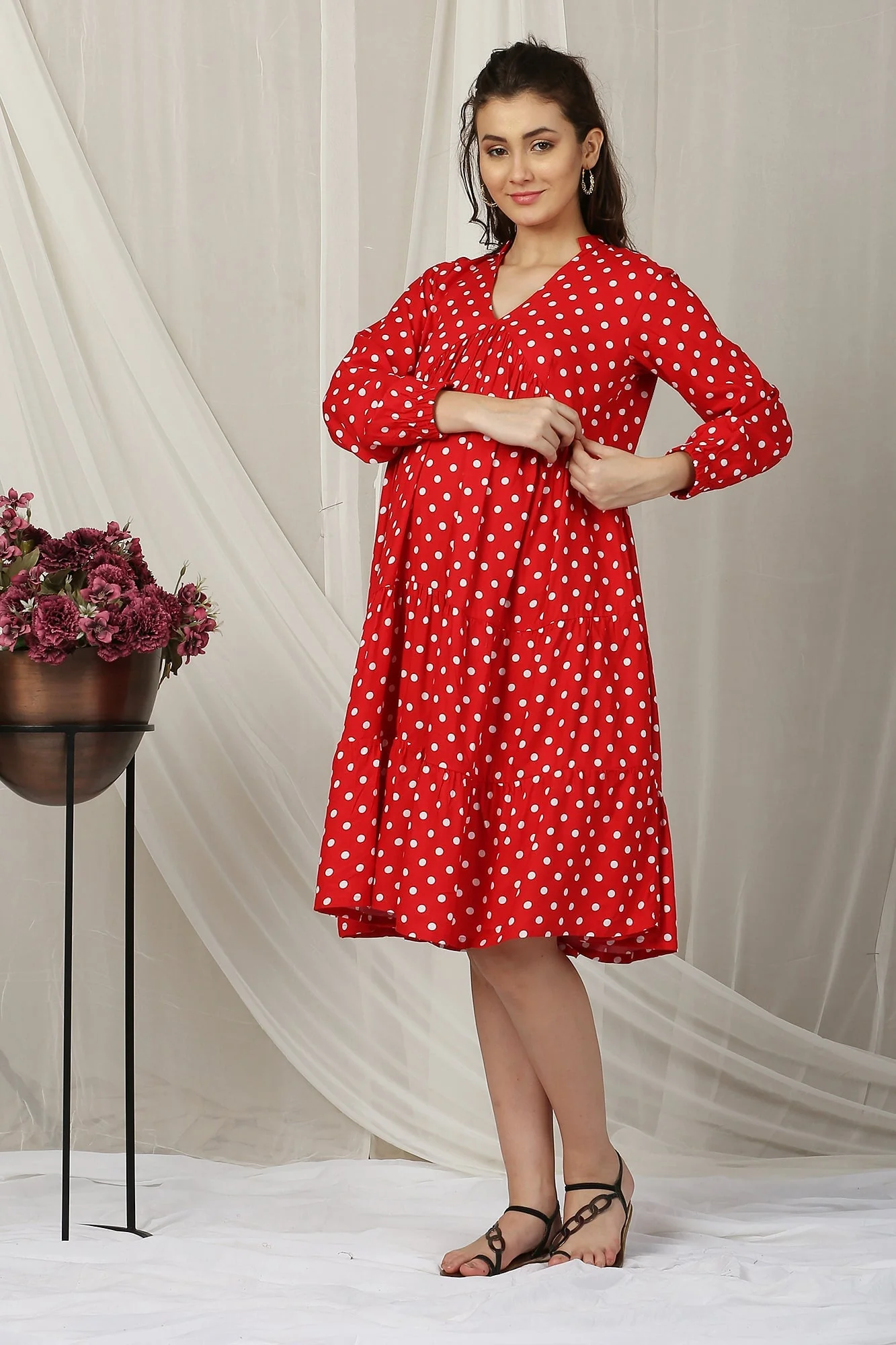 Timeless Red Polka Maternity & Nursing Layered Dress - Chenance