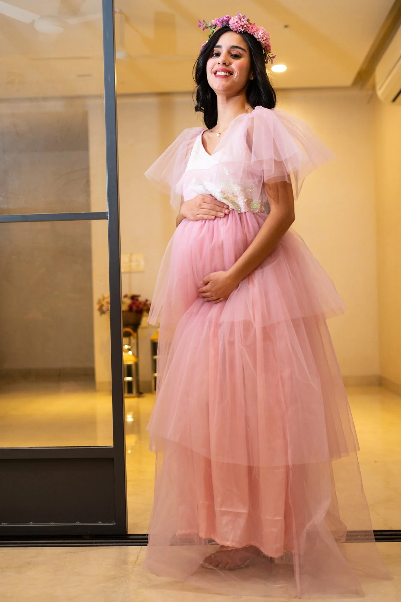 Alluring Blush Pink Maternity Sequence Layered Dress - Chenance