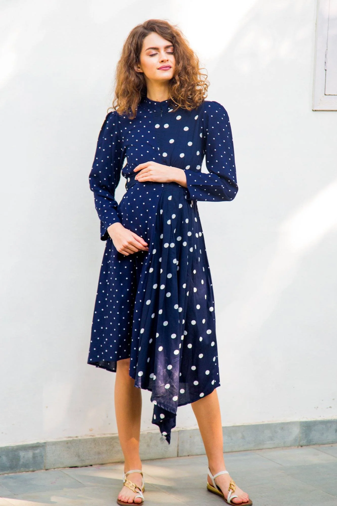 Asymmetrical Navy Polka High Neck Maternity & Nursing Dress - Chenance