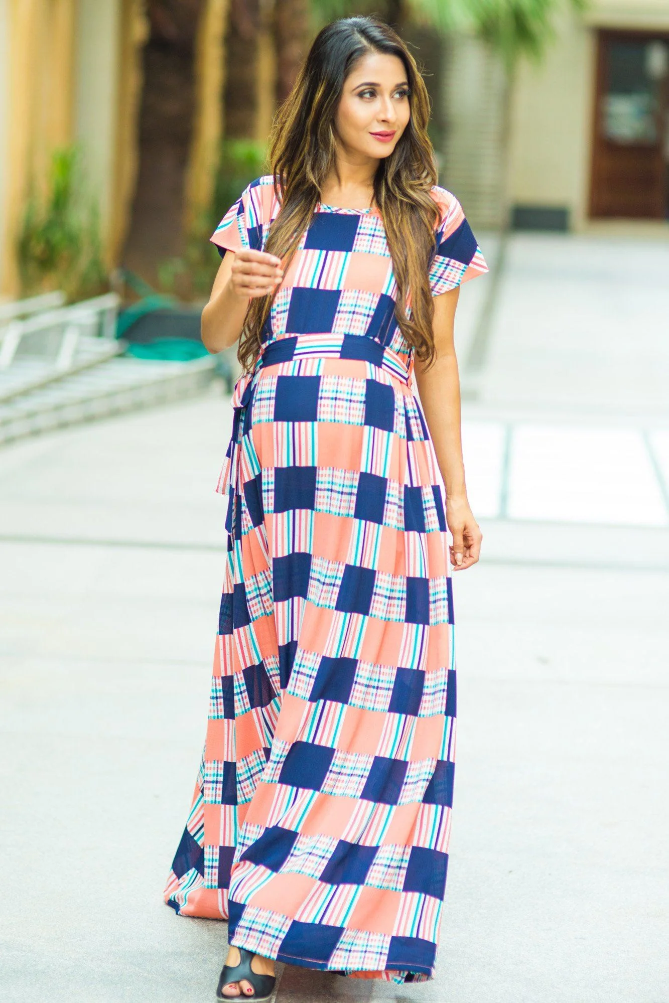 Orange Check Bubble Georgette Concealed Zips Dress - Chenance