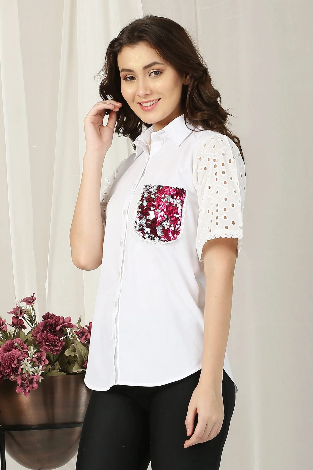 Women Classic Snow White Adorned Pocket Shirt (100% Cotton) - Chenance