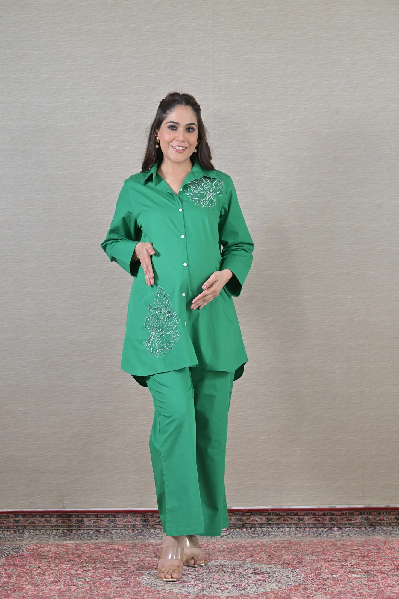 Appliqu  d Forest Maternity & Nursing Shirt Coord Set (2 pc) (100% Cotton) - Chenance