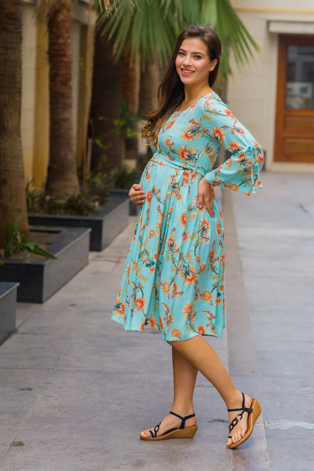 Sky Blue Paisley Tie Maternity & Nursing Dress - Chenance
