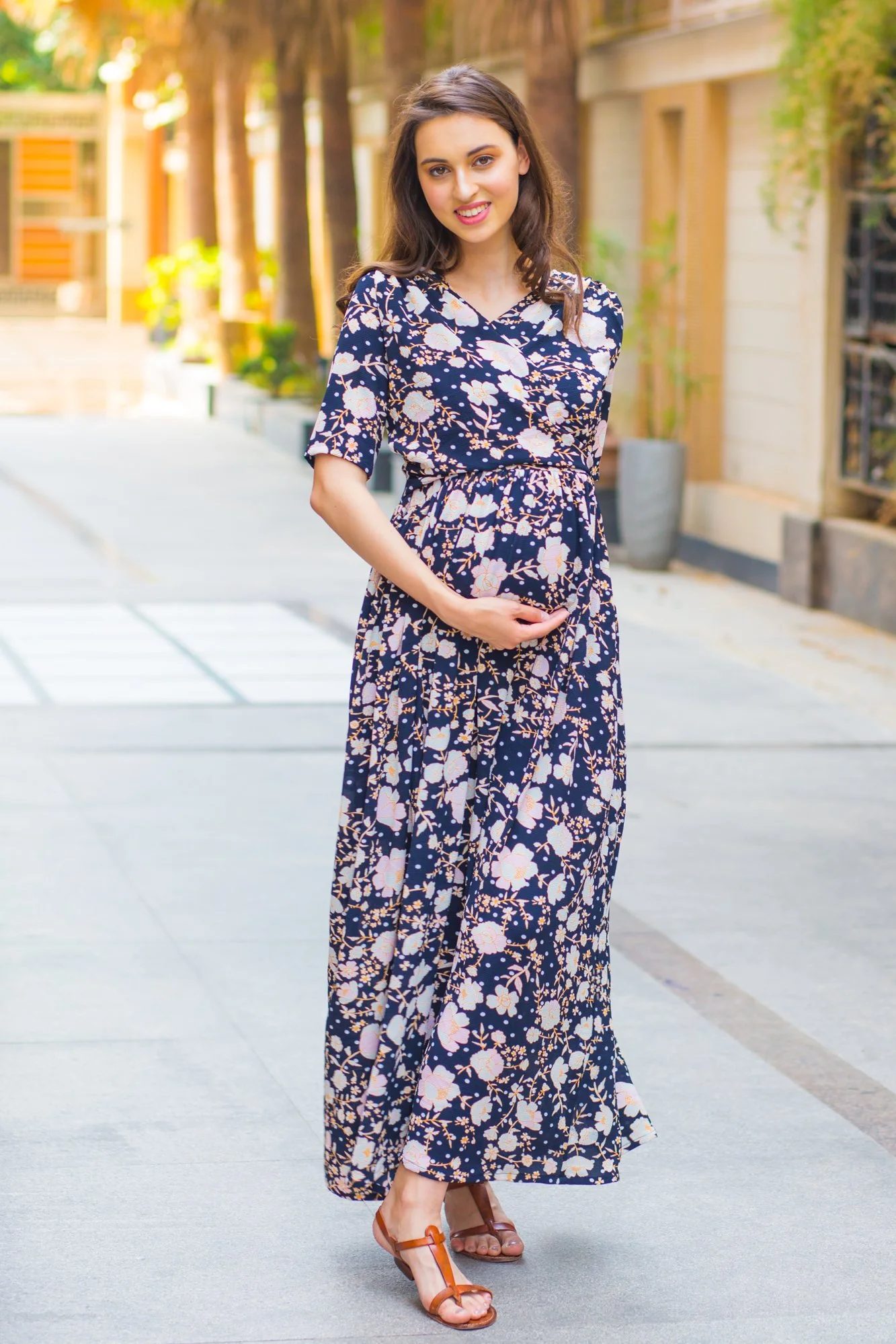 Navy Pearl Gold Maternity & Nursing Wrap Dress - Chenance