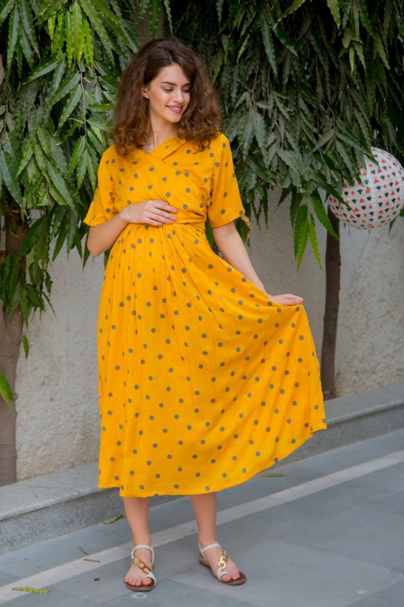 Sunrise Polka Maternity & Nursing Wrap Midi Dress - Chenance