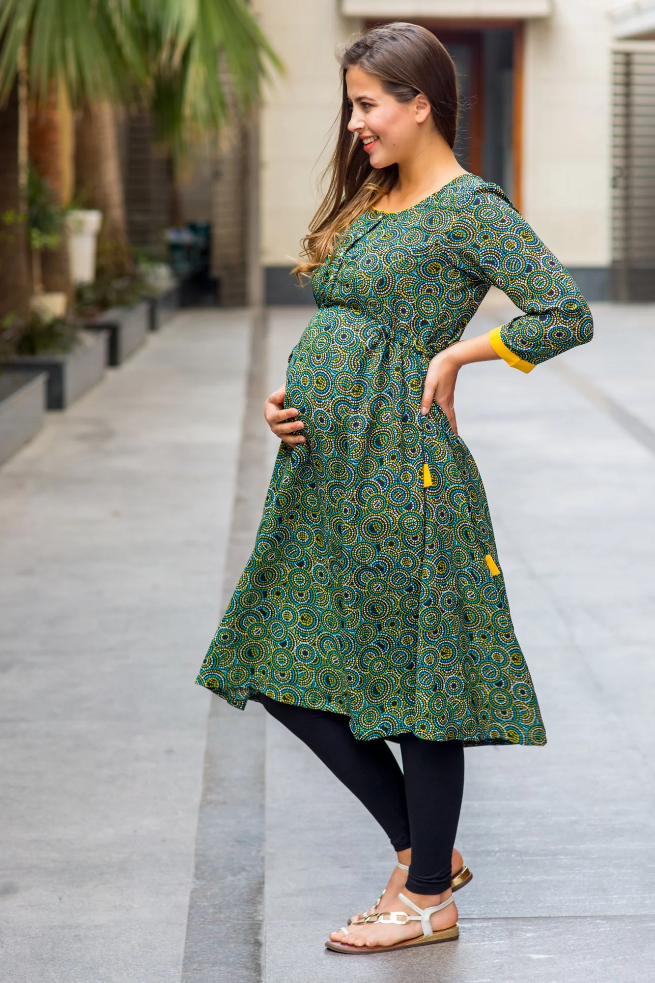 Geo Green Double Tie Maternity & Nursing Kurta Dress - Chenance