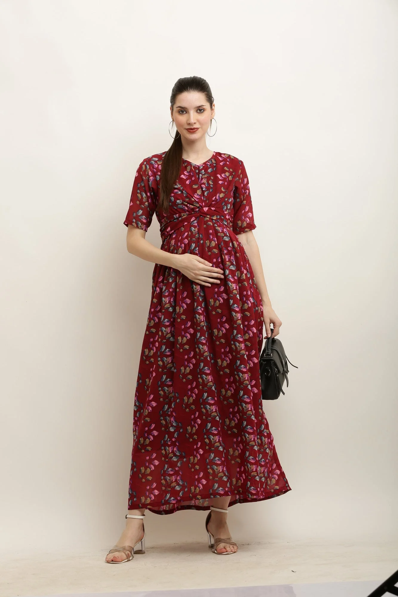 Eden Burgundy Blossom Maternity Knot Dress - Chenance