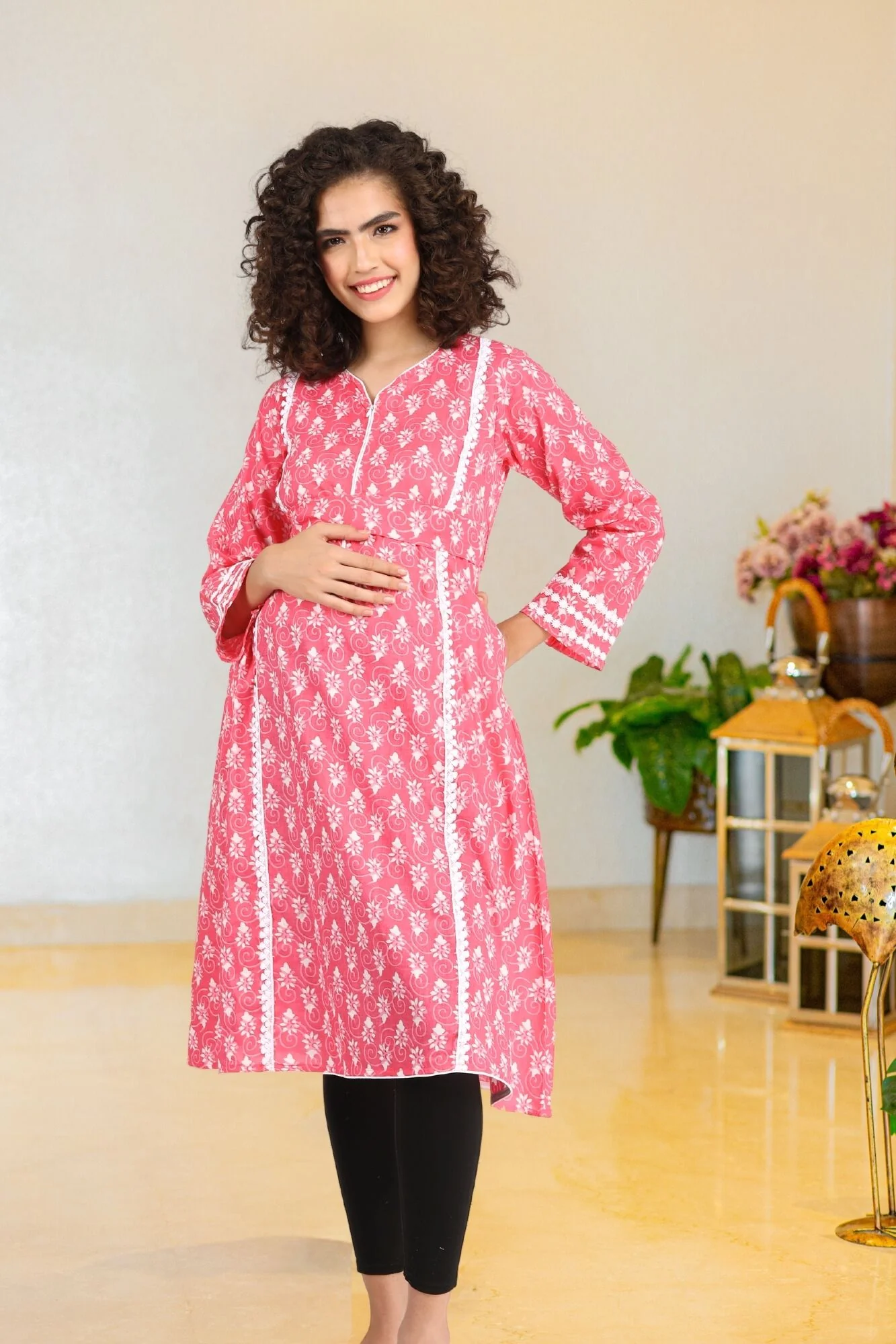 Blossom Pink Maternity & Nursing Kurta (100% Cotton) - Chenance