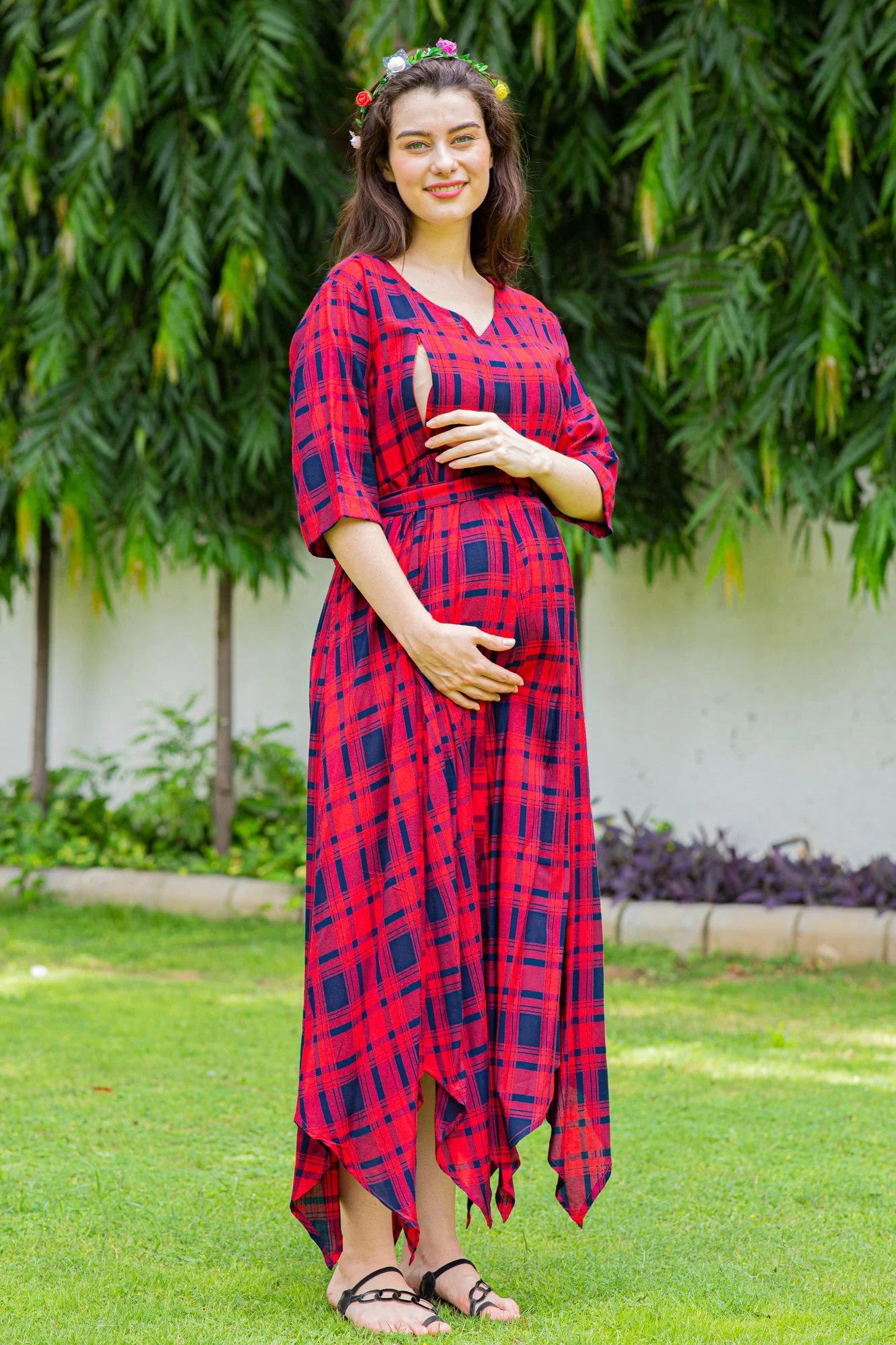 Timeless Red Plaid Maternity & Nursing Maxi Dress - Chenance