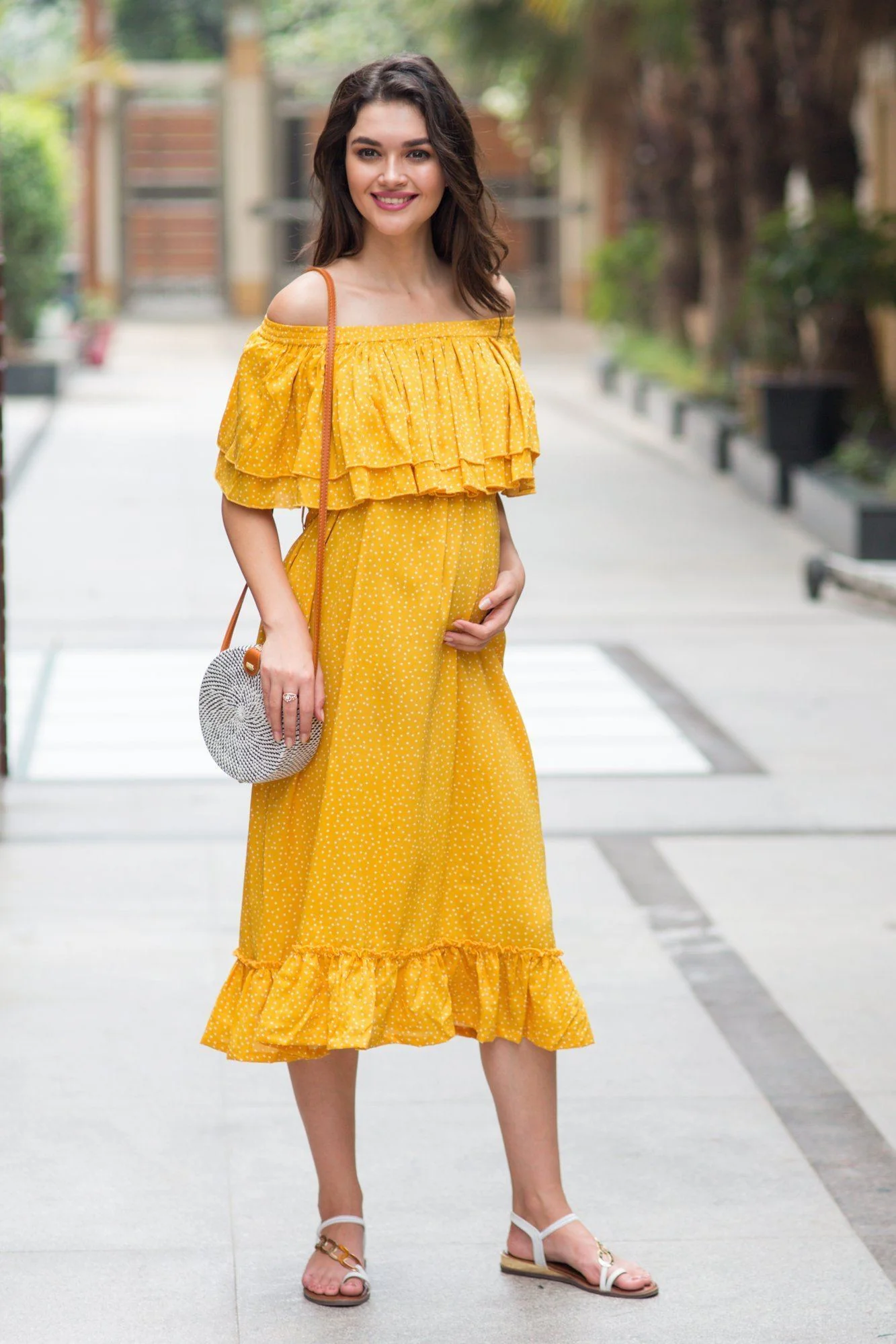 Sunrise Mustard Polka Off-Shoulder Maternity Maxi - Chenance