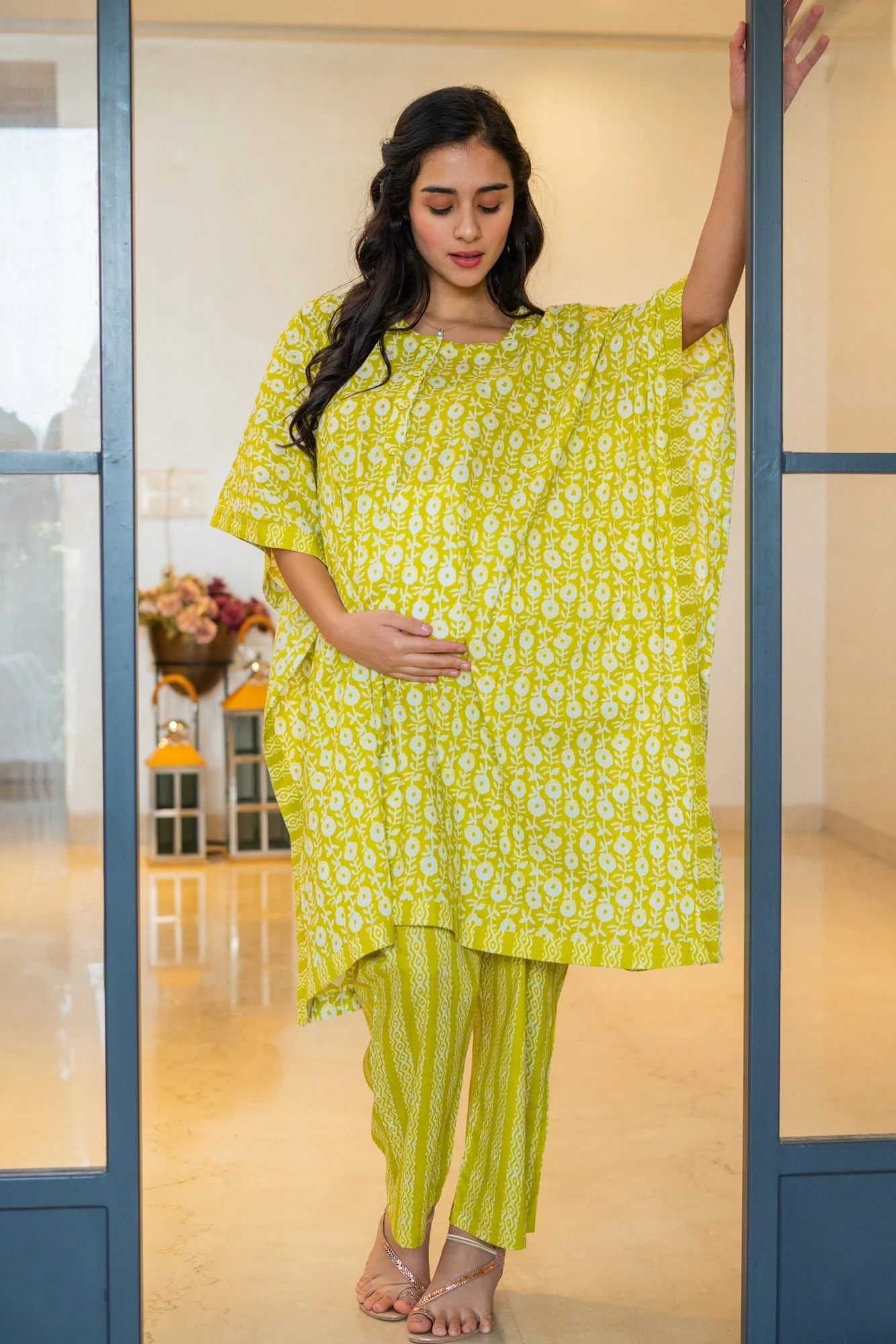 Beautiful Lime Green Maternity & Nursing Kaftan Coord Set (100% Cotton) (2 pc) - Chenance
