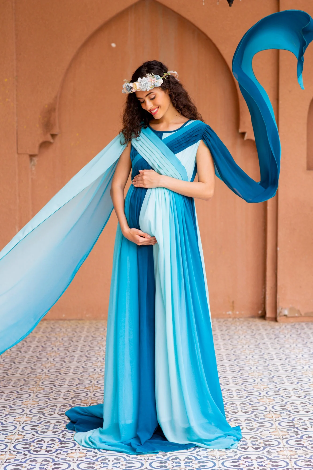 Victoria Blue Monochromatic Maternity Trail Photoshoot Gown - Chenance