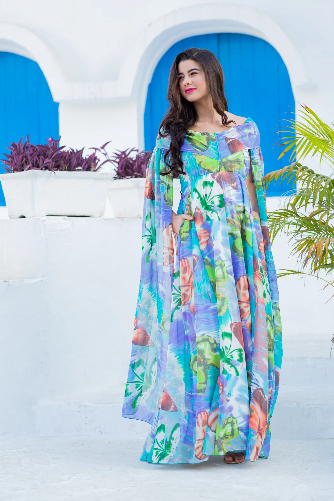 Aquamarine Blue Butterflying Sleeves Maternity & Nursing Dress - Chenance