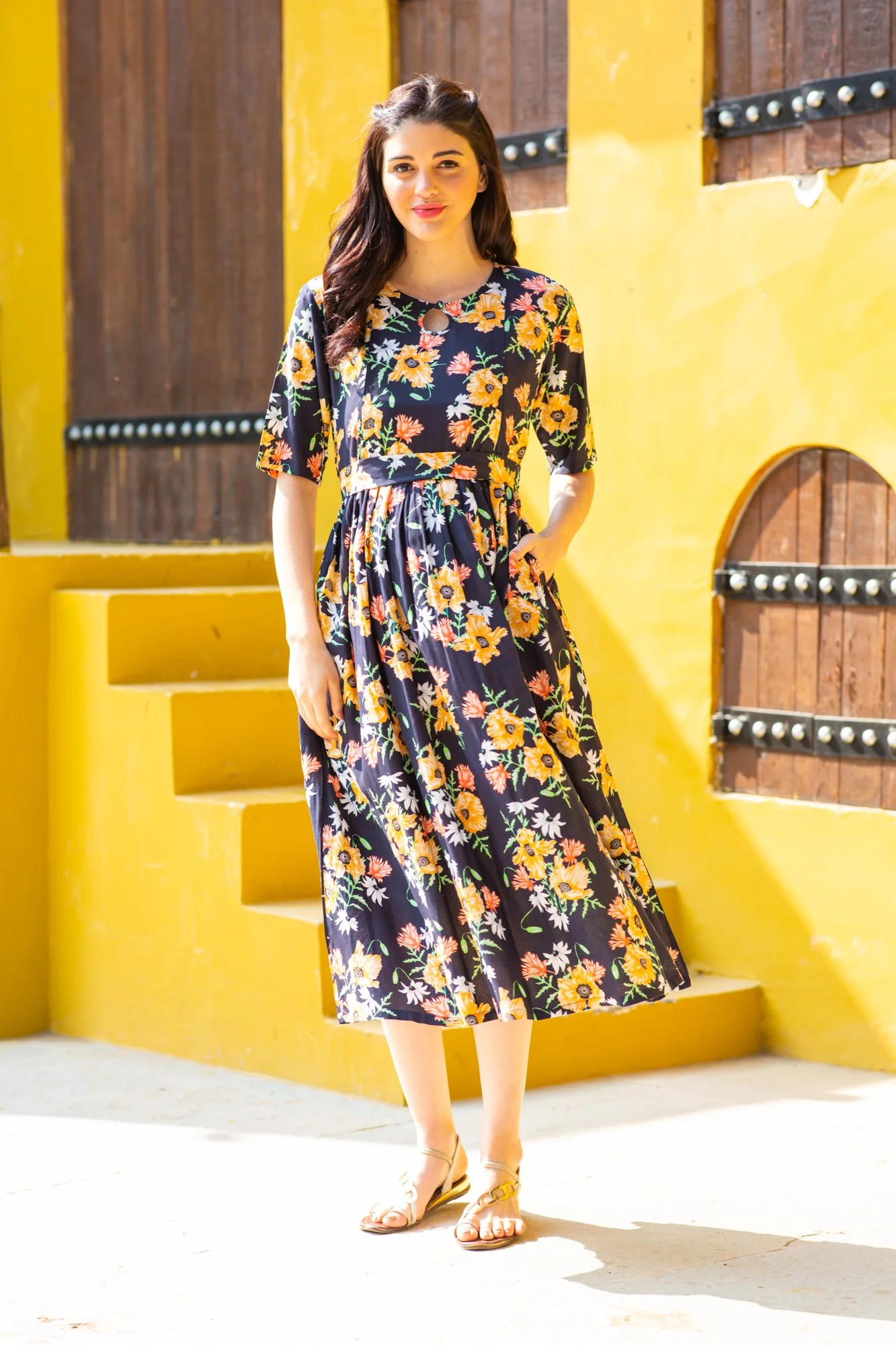 Twilight Floral Maternity & Nursing Concealed Zips Dress - Chenance