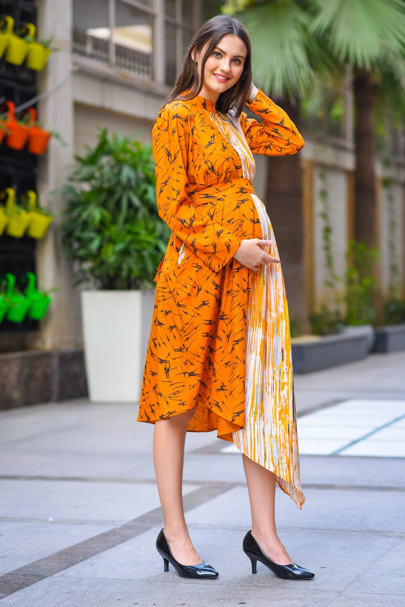 Asymmetrical Flash High Neck Maternity & Nursing Dress - Chenance