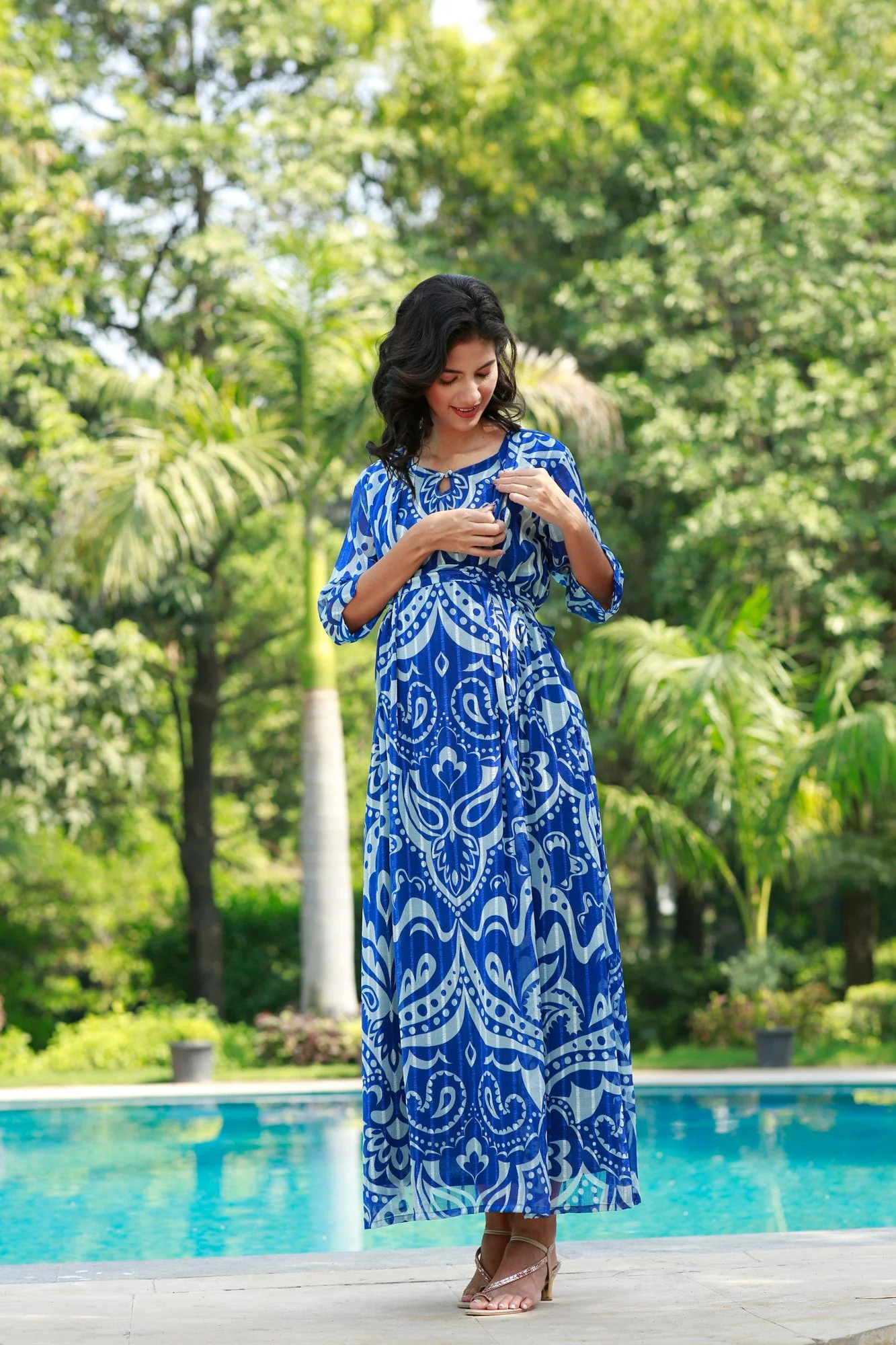 Azure Paisley Art Slit Concealed Zips Maternity & Nursing Dress - Chenance