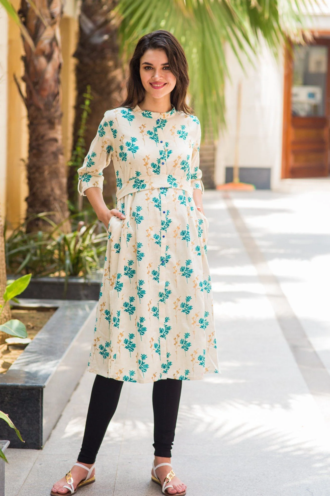 White Leafy Front Button Nursing Kurta - Chenance