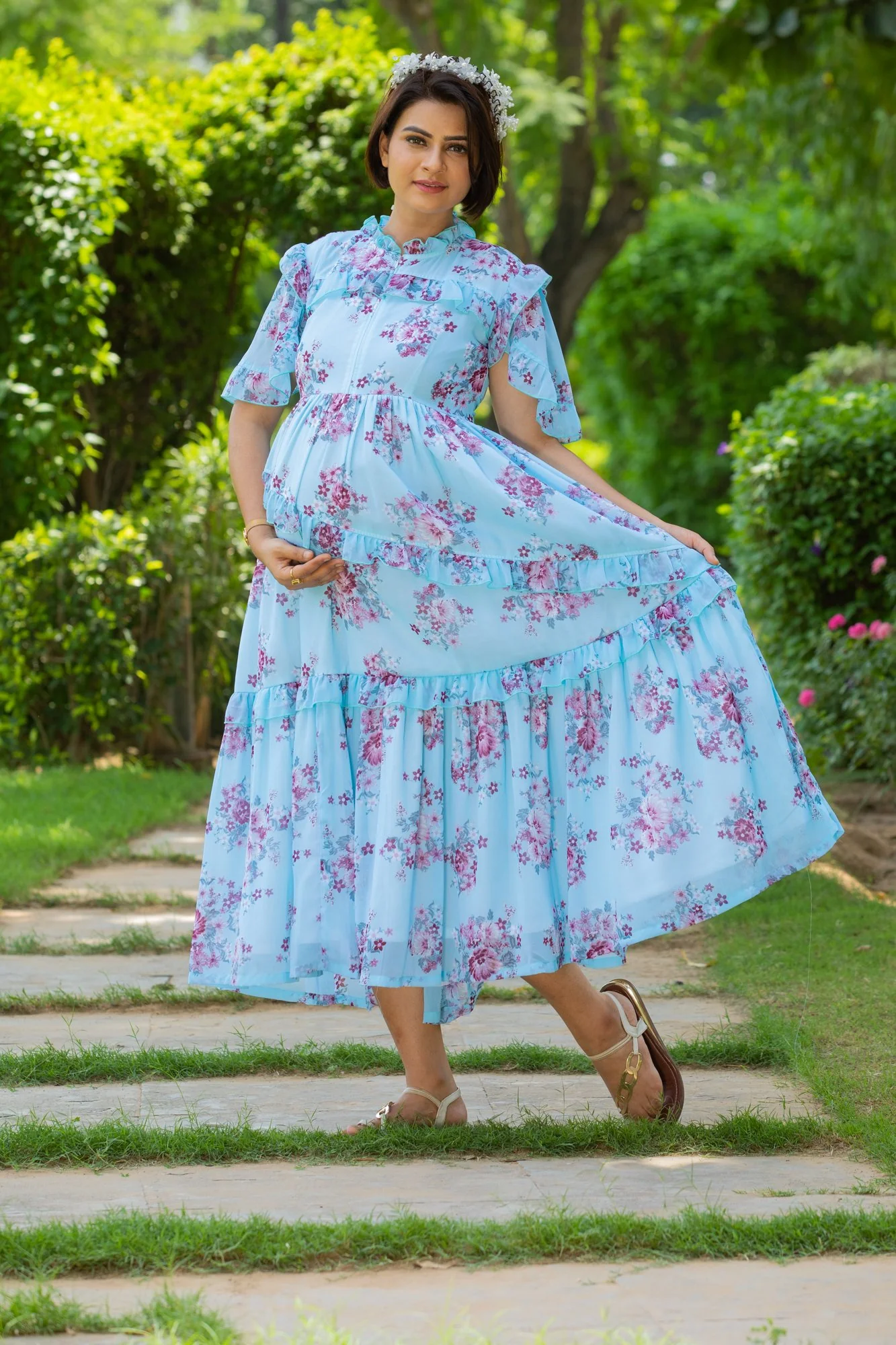 Baby Blue Mist Maternity & Nursing Frill Dress - Chenance