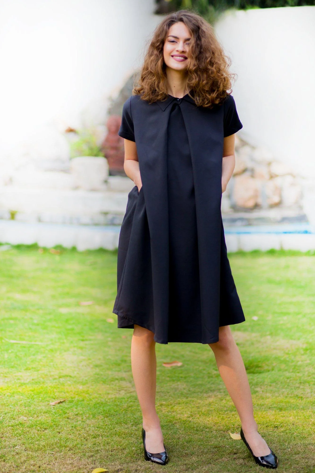 Black Front Pleat Crepe Maternity & Nursing Swing Dress - Chenance